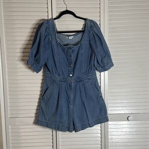 Denim Puff-Sleeve Kids Romper - Blue